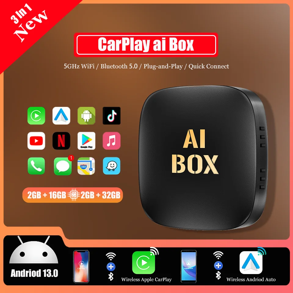 New ai Box Android13 TV Box Apple Wireless Carply & Android Auto 3In1 Built-in Netflix YouTube Google Play Wired-to-Wireless