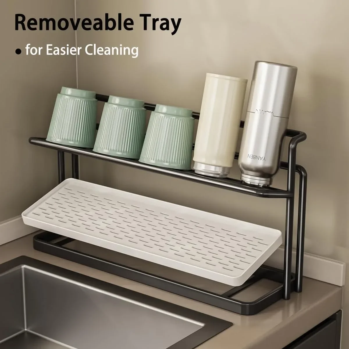 2 Layer Bottle Drying Rack Cups Storage Rack with Drain Tray, Mug Organizer for Kitchen, Coffee Mug Holder for Kitchen Counter - Image 5