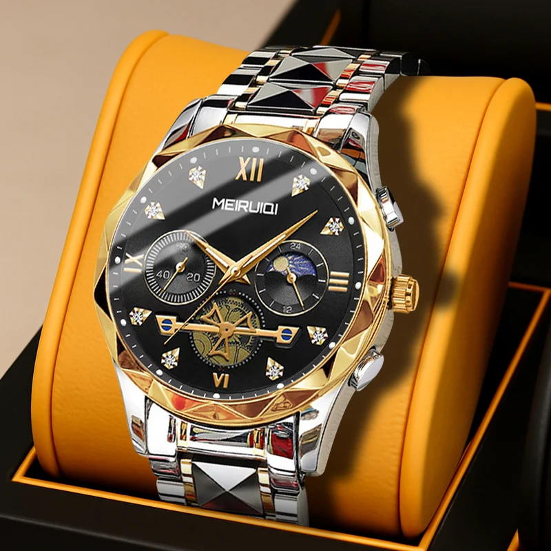 

Мужские золотисто-черные элегантные часы премиум-класса с многофункциональным механизмом, отображением фаз луны и кварцевым механизмом.