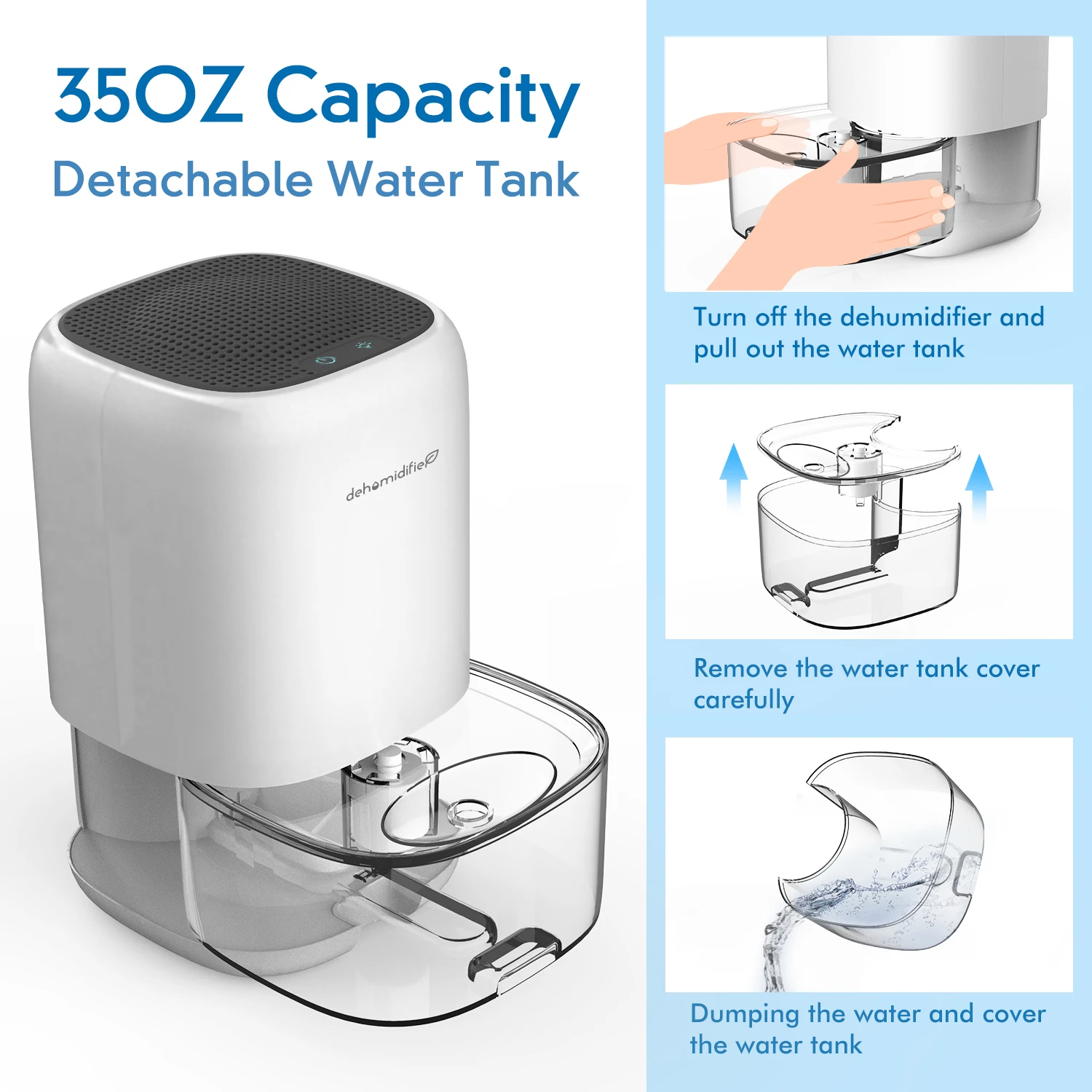 مزيل رطوبة الهواء 1000 مل 2600R للأجهزة المنزلية مصباح ليد مع فلتر هواء 280 مربع. قدم صغير محمول للغاية وهادئ وإيقاف تلقائي