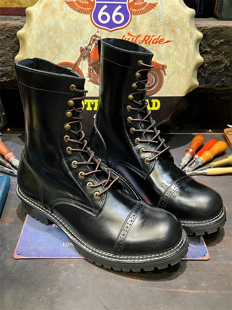 Black Retro Leather Workwear Cycling Cowhide Boots Men's Long Tube Motorcycle Shoes - Image 2