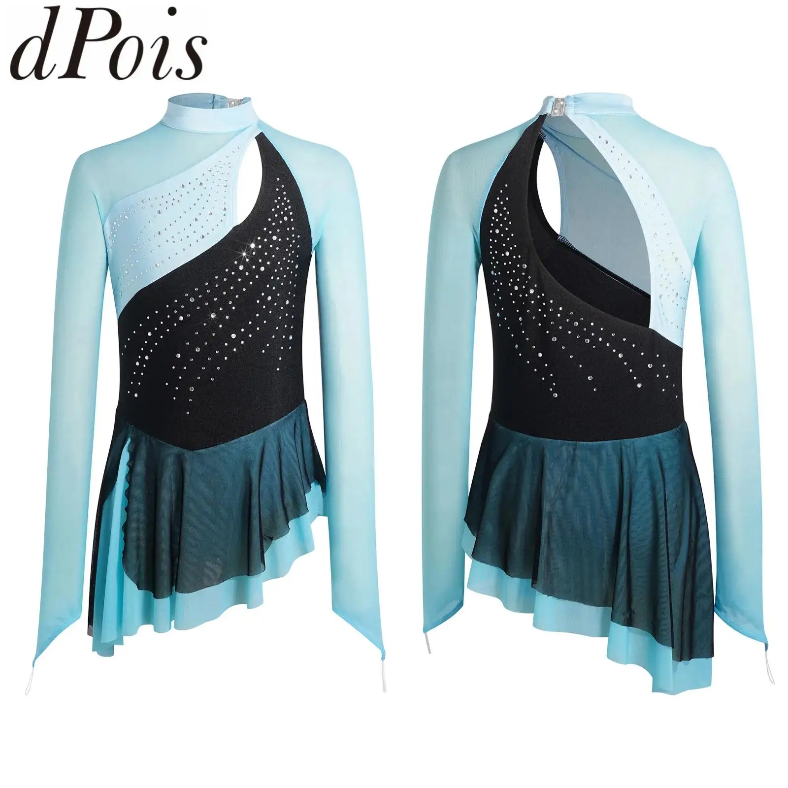 

Kids Girls Figure Skating Lyrical Modern Dance Dress Performance Costume Mesh Long Sleeve Rhinestones Leotards Skating Dress