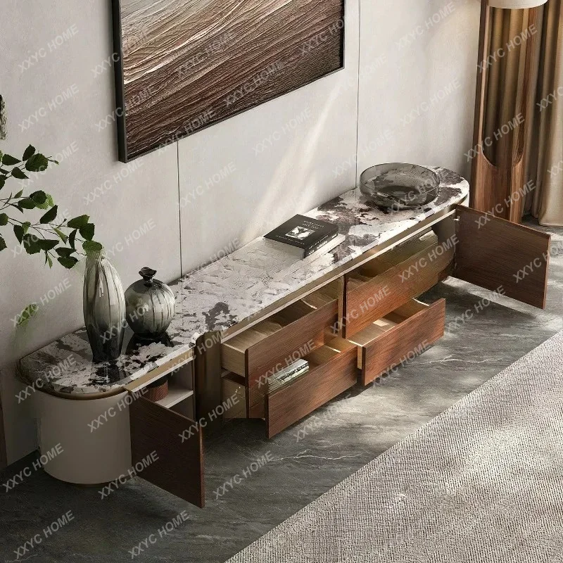 Modern medieval natural marble TV cabinet solid wood villa high-end floor cabinetTJ