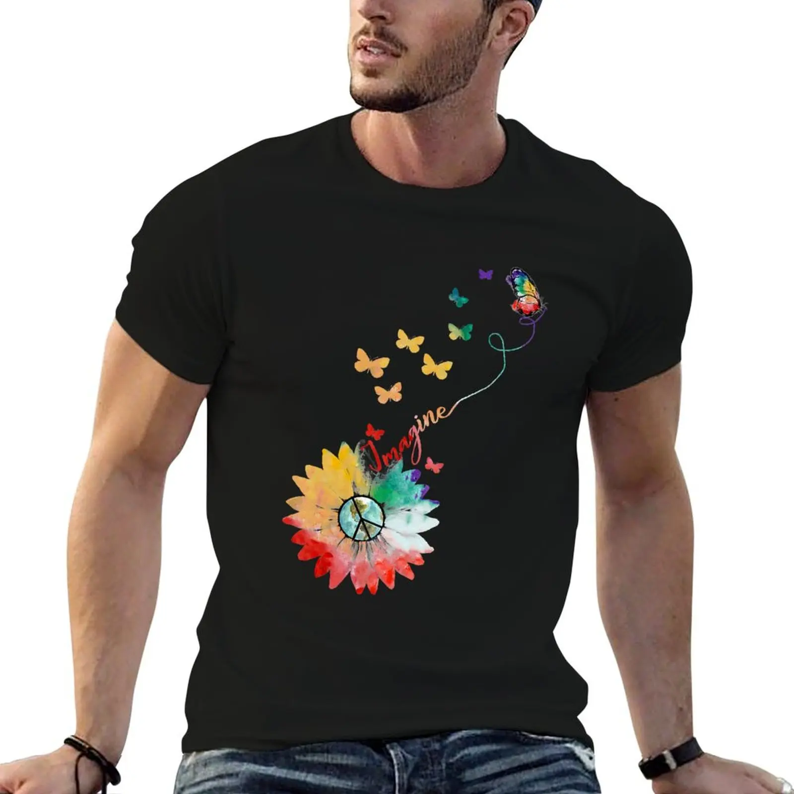 

Imagine Flower Butterfly Earth Peace Sign Hippie T-Shirt mens graphic t shirts man tshirt man t shirt summer T-shirt