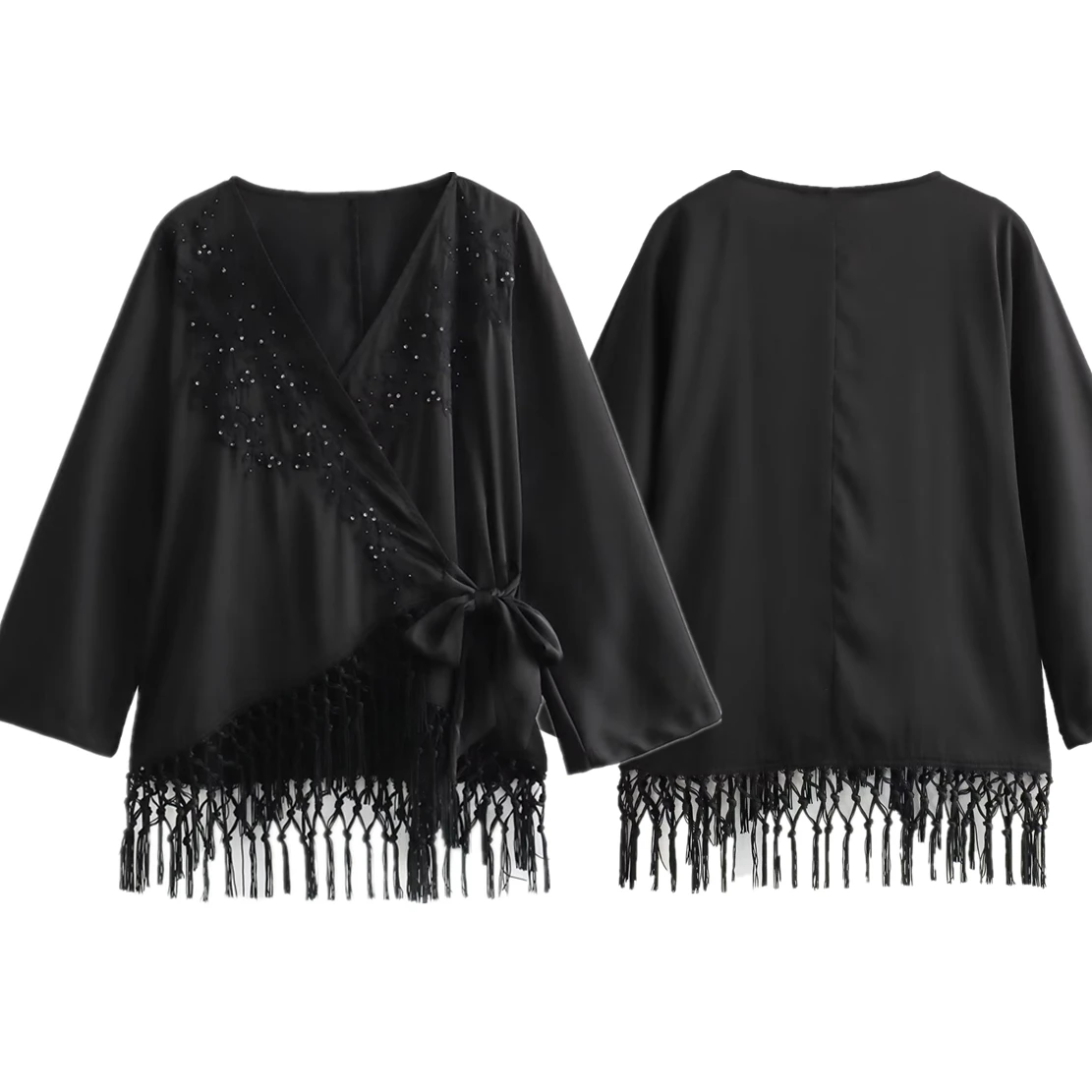 

Dave&Di French Black Elegant Vintage Tassel Embroidery Shirt Style Kimono Asymmetric Jacket Casual Top