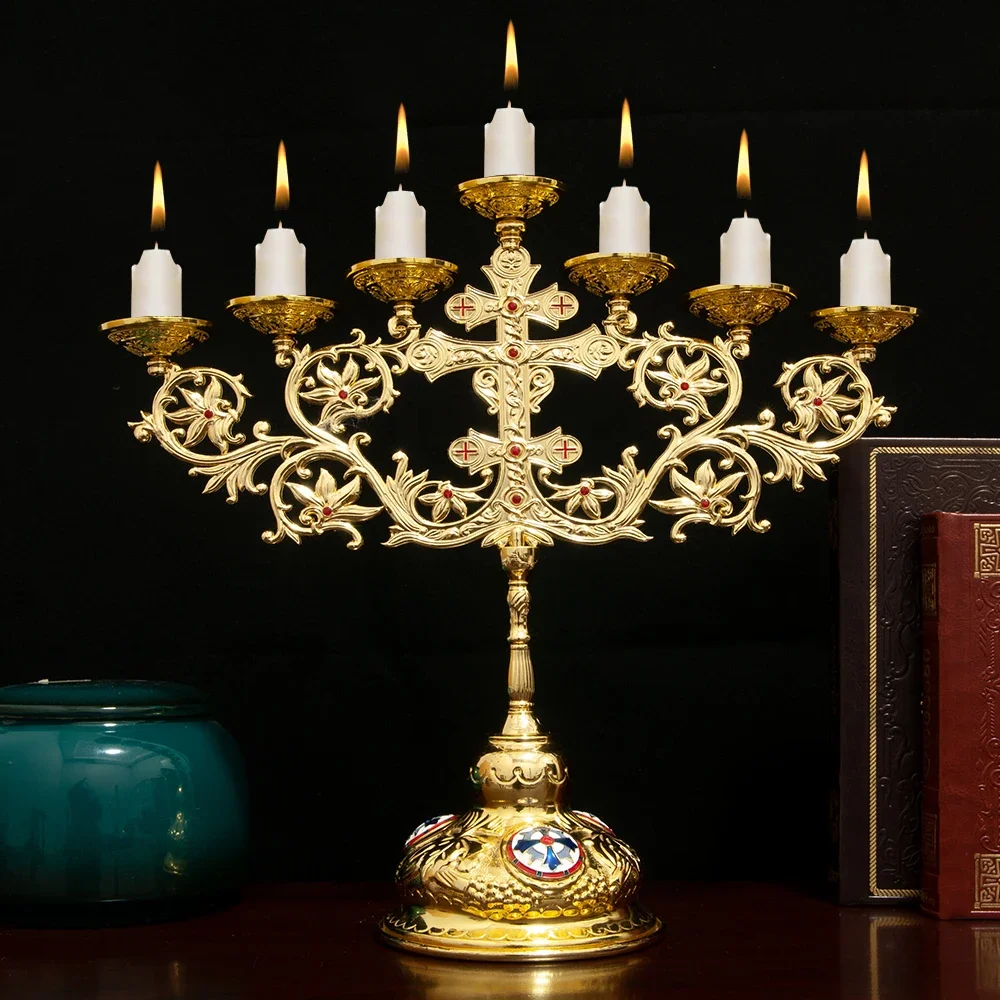 

Orthodox Church 7 Arms Candlesticks Eastern Church Home Decoration Ornaments Exquisitely Carved Beautiful Gems Candle Holder