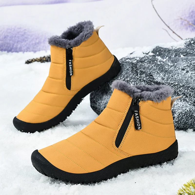 

Winter Men Snow Boots Outdoor Waterproof Hiking Shoes Non-slip Cold Proof Short Plush Lining Warm Slip on Snow Shoes Size 39-46