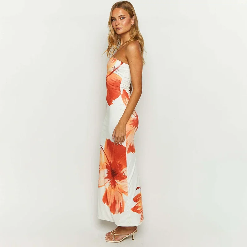 Women's 2024 New Flower Printed Tubeless Dress Casual Vacation Off Shoulder Slim Beach Floor Length Long Dress