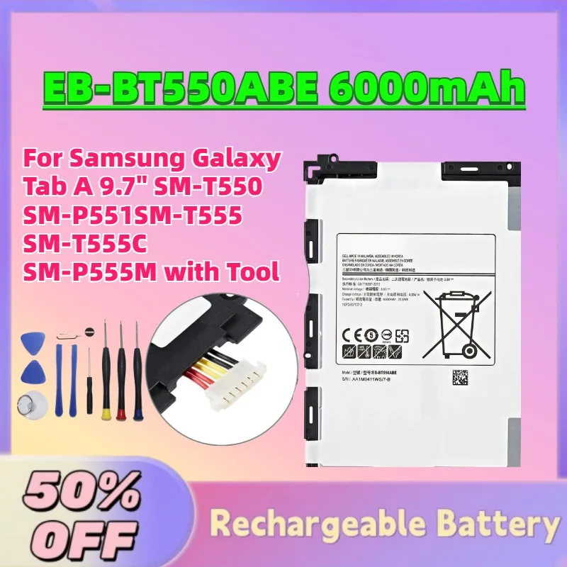 

EB-BT550ABE 6000mAh 3.8V Replacement Battery for Samsung Galaxy Tab A 9.7" SM-T550 SM-P551SM-T555 SM-T555C SM-P555M with Tool