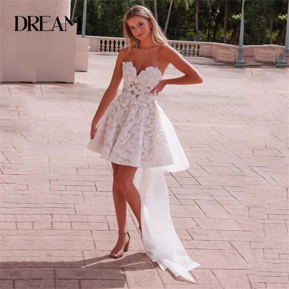 

Modern Mini Lace A-Line Wedding Dress Sweetheart Open Back Bow Pleat Sleeveless Bridal Gown Train Vestidos De Novia Customized