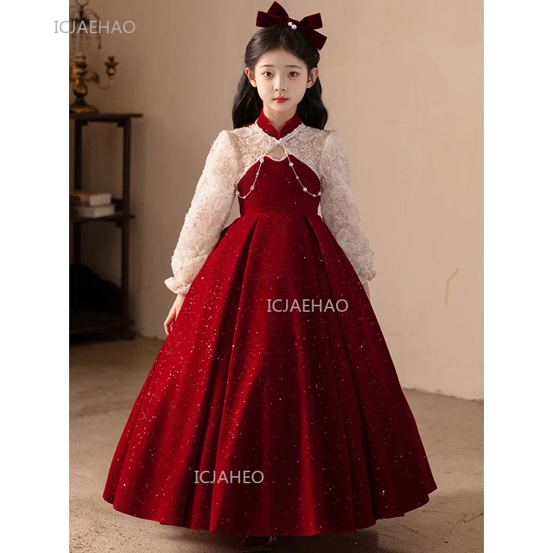 

Красное свадебное платье с цветочным узором для девочек, праздничное платье принцессы для фортепиано, торжественное, новогоднее, рождественское, праздничное, на день рождения