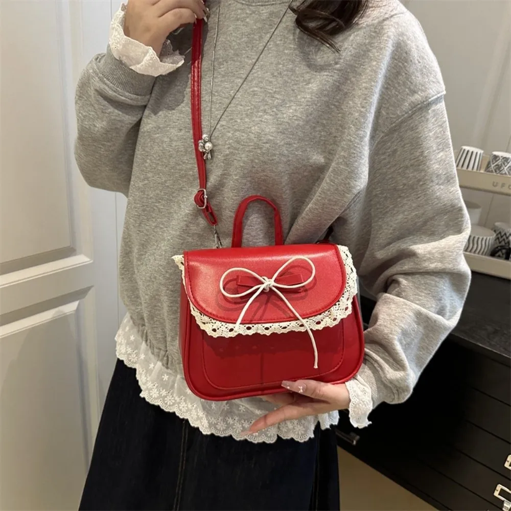 Fashion Mini Lace Bow Backpack Korean Style Kawali PU Leather Bag Square Elegant Shouder Bag Gift