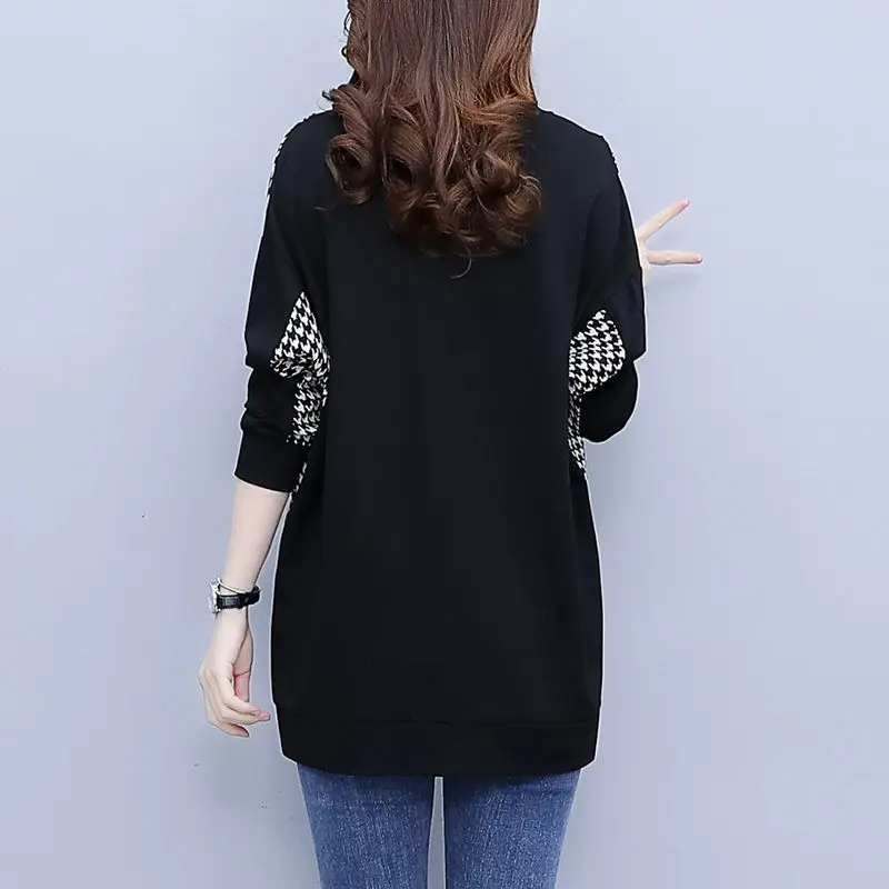 Korean Version Thousand Bird Grid Spliced Spring Autumn New Women\'s O-Neck Fashion Loose Minimalist Casual Long Sleeve Sweatshir