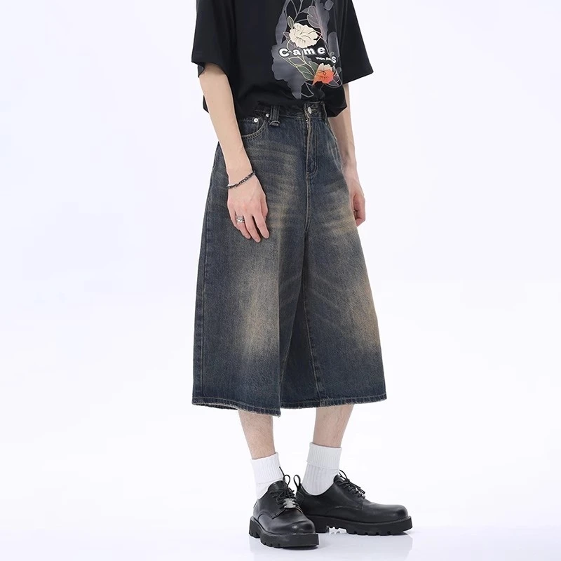 جينز فضفاض للرجال، شورت جينز عتيق مغسول، سروال صيفي رقيق وفضفاض مستقيم أمريكي عالي الشارع، ماركة عصرية Ruffia