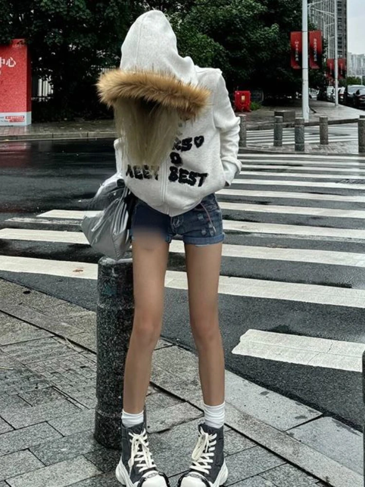 Vintage Fur Patchwork Hooded Tops Grunge Zip Up Hoodies Women Jackets Casual Letter Print Pocket Coats Y2k Aesthetic Sweatshirts