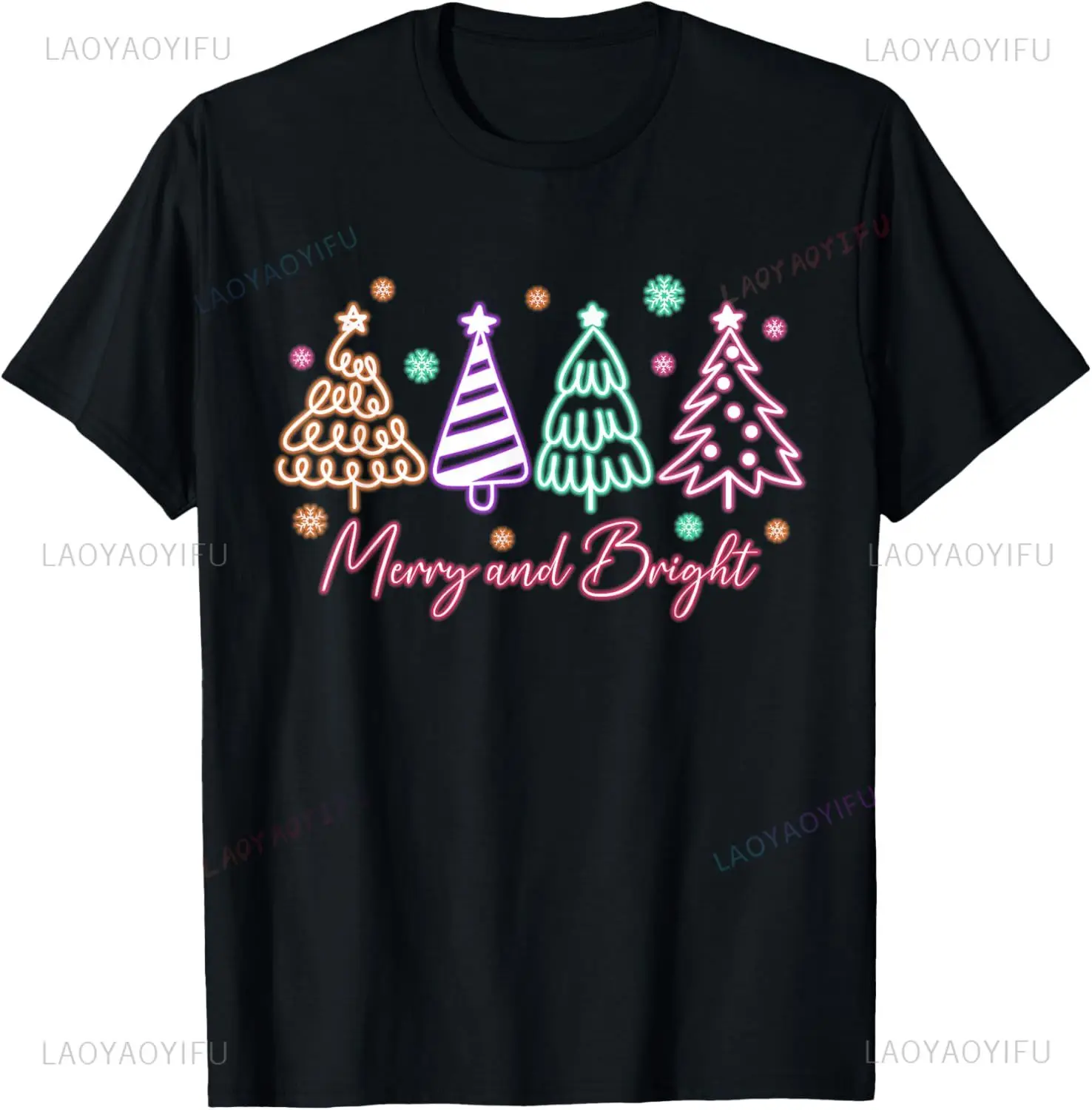 Merry and Bright Tree Neon Christmas T-Shirt Unisex Summer Streetwear Tops Mens T Shirt Men and Women Short Sleeves Camiseta