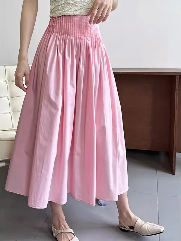 Pink A-Line Midi Skirt Women's Spring 2026 New Design High Waist Hip Conceal Slimming Pleated Skirts Commute Korean Style