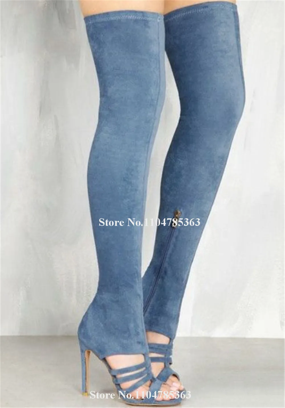 

Новейшие синие сапоги-гладиаторы выше колена на шпильке с открытым носком и вырезом, тонкие сапоги на тонком каблуке, длинные сапоги на каблуке большого размера