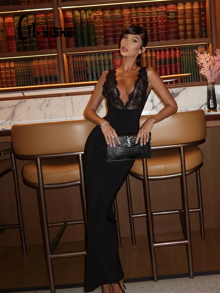 

CNYISHE Halter Lace Patchwork Sheer V Neck Sleeveless Backless Women Dresses Sheath Hip Wrap Fashion Summer Solid Female Bodycon