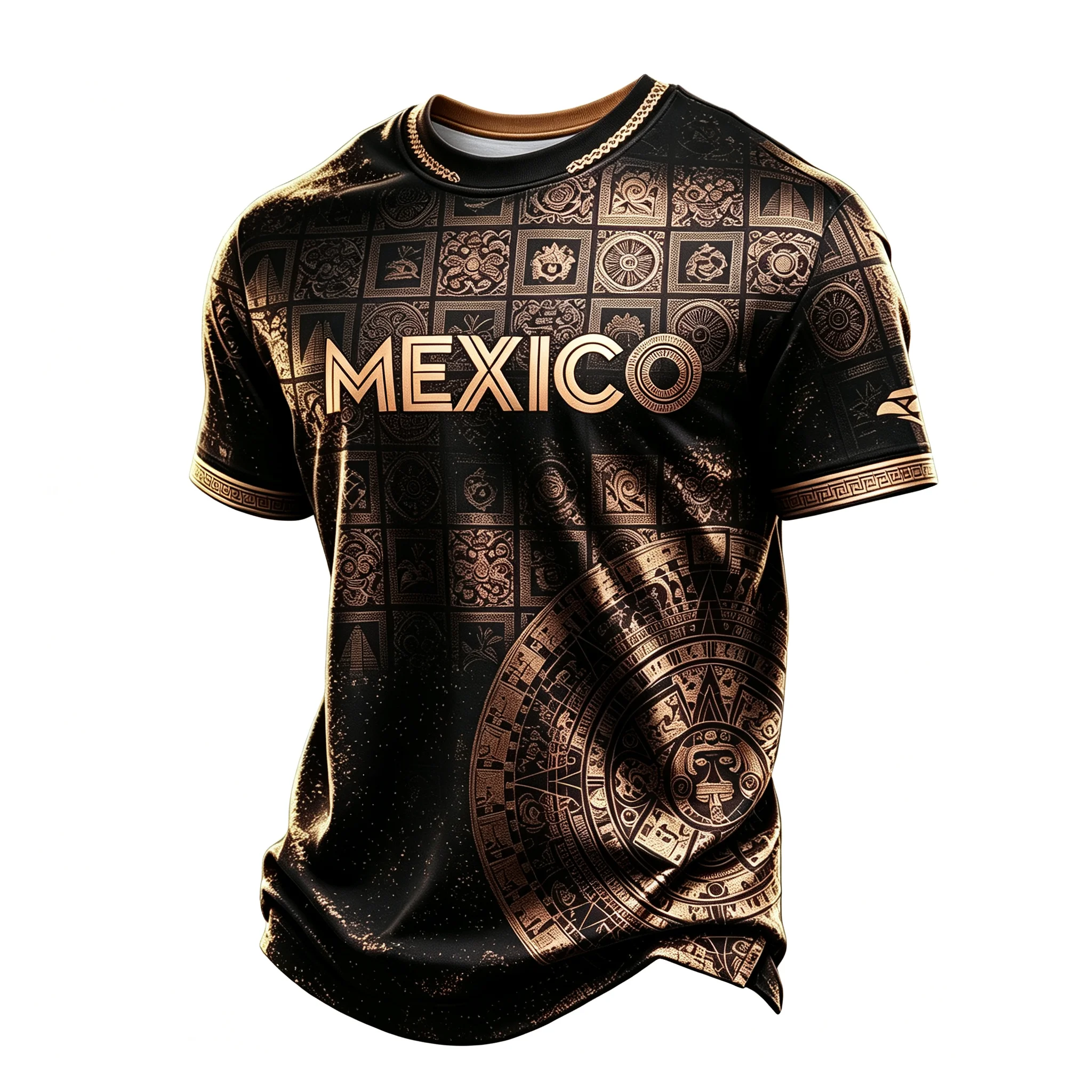 Retro Mayan Civilization Mexico Fan Jersey Gold‑Tone Square Pattern Short Sleeve Light Breathable Multi‑Color Unisex Match Tee