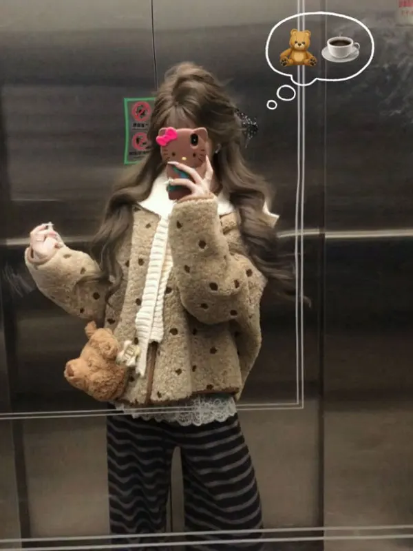 

Уникальное ретро-пальто в горошек свободного кроя, модная женская верхняя одежда на весну, осень и зиму, с пуговицами и круглым вырезом