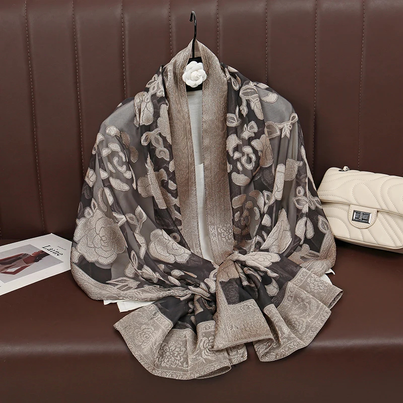 

Elegant Soft Silk Embroidery Flowers Shawl Scarf Women Hijab Wraps Scarves Female Headkerchief Fouloud Echarpe