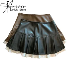 Damska mini spódniczka A-line Y2K Harajuku PU Leather Japanese 2000s Style Academy Retro Cute Short Skirt Odzież damska