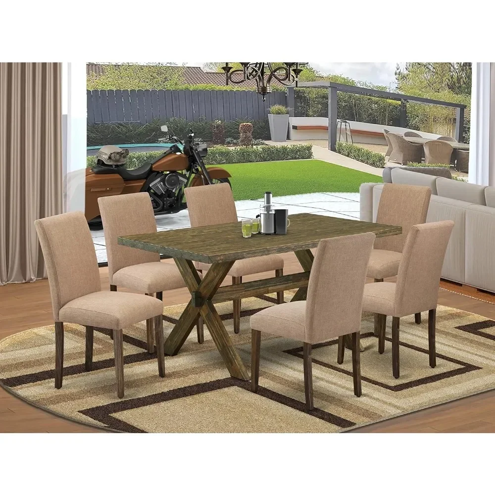 7 Piece Dinette Set Consist of A Rectangle Dining Room Table with X-Legs and 6 Light Sable Linen Fabric, Dining Tables