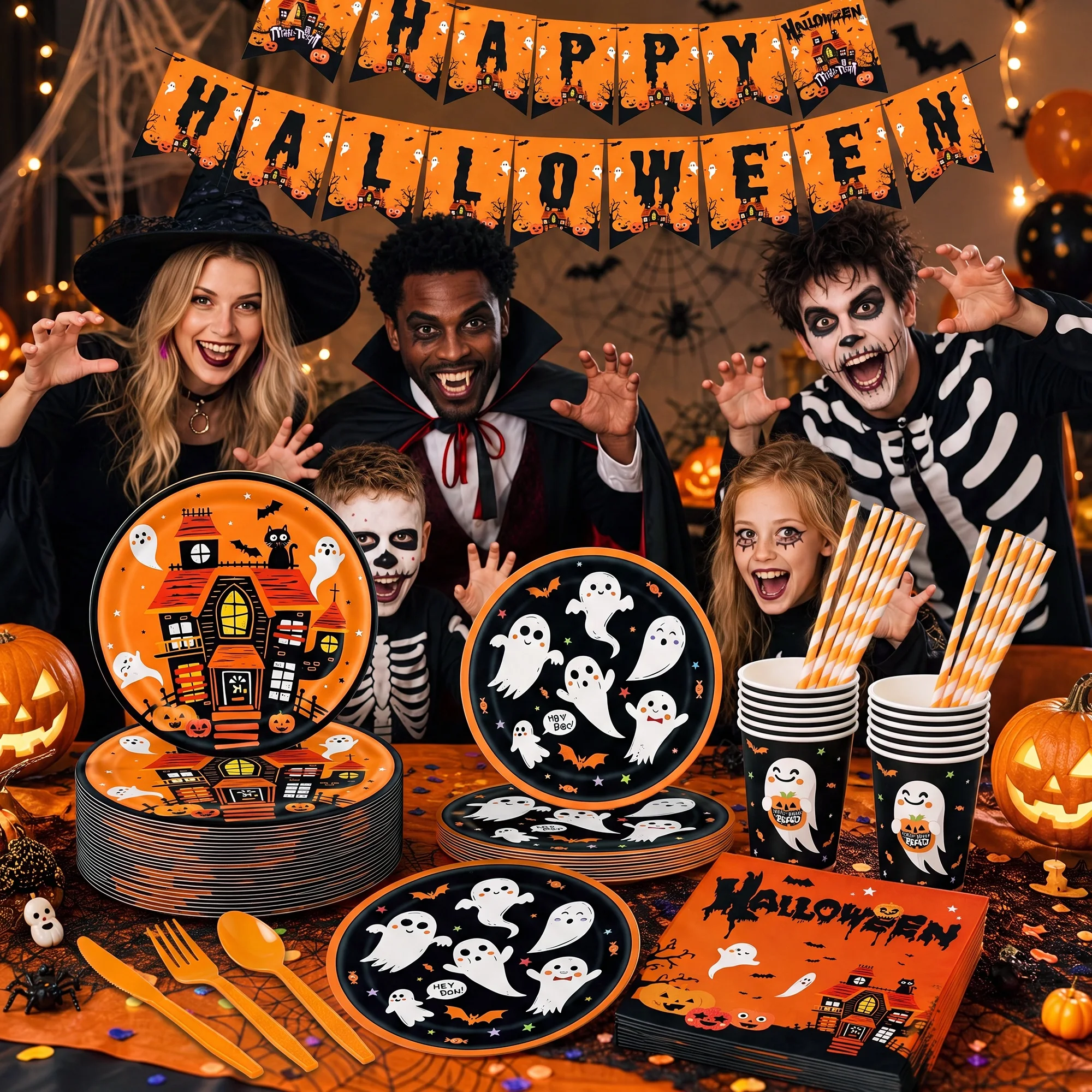 Halloween Party Supplies - Conjunto de Utensílios de Mesa Descartáveis
