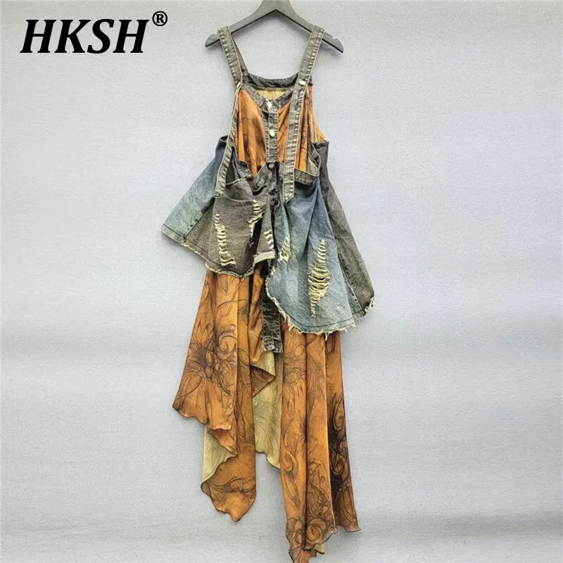 

HKSH Summer New Personalized Fashion Vintage Niche Design High Sense Patchwork Denim Irregular Shoulder Strap Dress Women HK3963