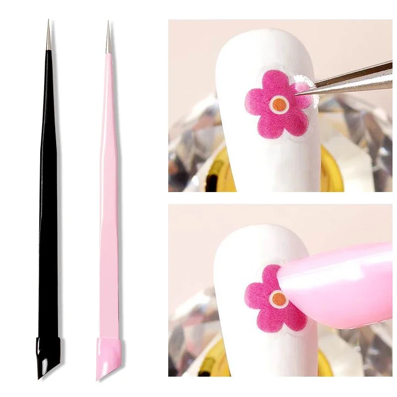 Double Ended Nail Art Pinzette mit Silikon Press kopf Strass Nagel Aufkleber Picker Edelstahl