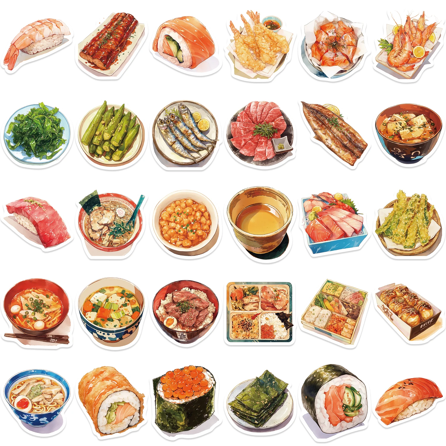 30pcs Cute Cartoon Japanese Snack Stickers Anime Seafood DIY Toy Gift Waterproof Decal for Laptops Phones Bottles Decorative