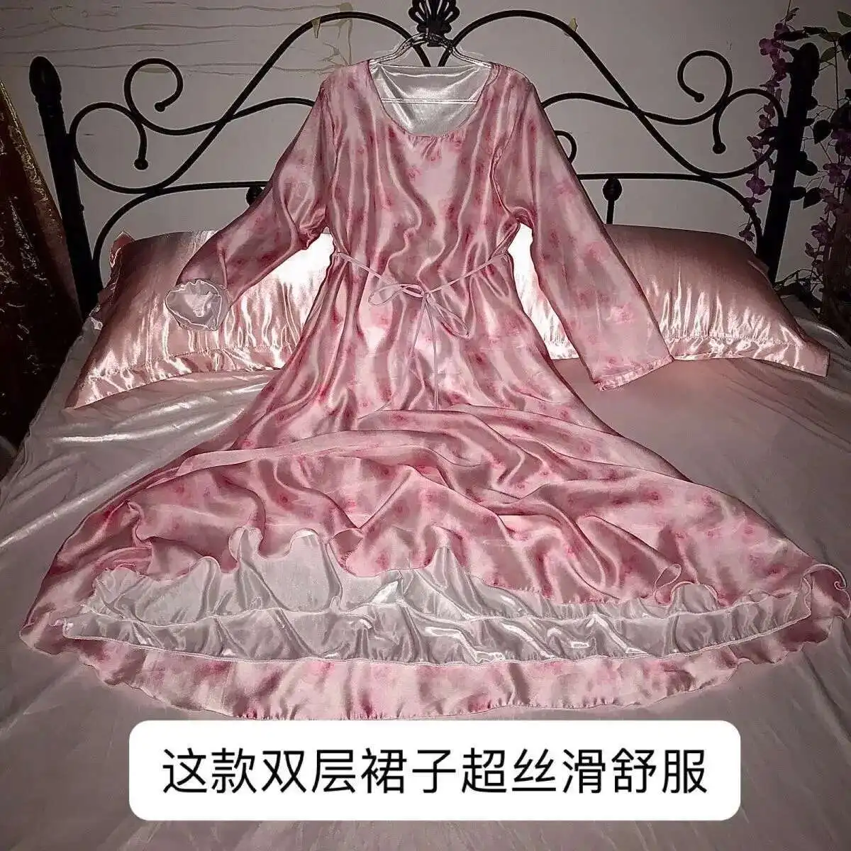 Glossy 2 Layers Floral Print Voile Outside Ice Silk inside Sexy Women Satin Long Dress Loose Maxi Dress Elegant Dresses