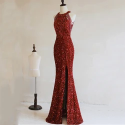 Elegant Red Halter Sequin Evening Dress with Trumpet Mermaid Hem and Floor-Length Skirt Customized