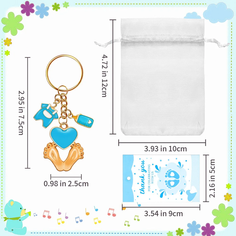 Baby Shower Favors For Boy And Gir With Footprint Keychains Gifts With Bottle Baby Clothes White Organza Bags For Party Supplies