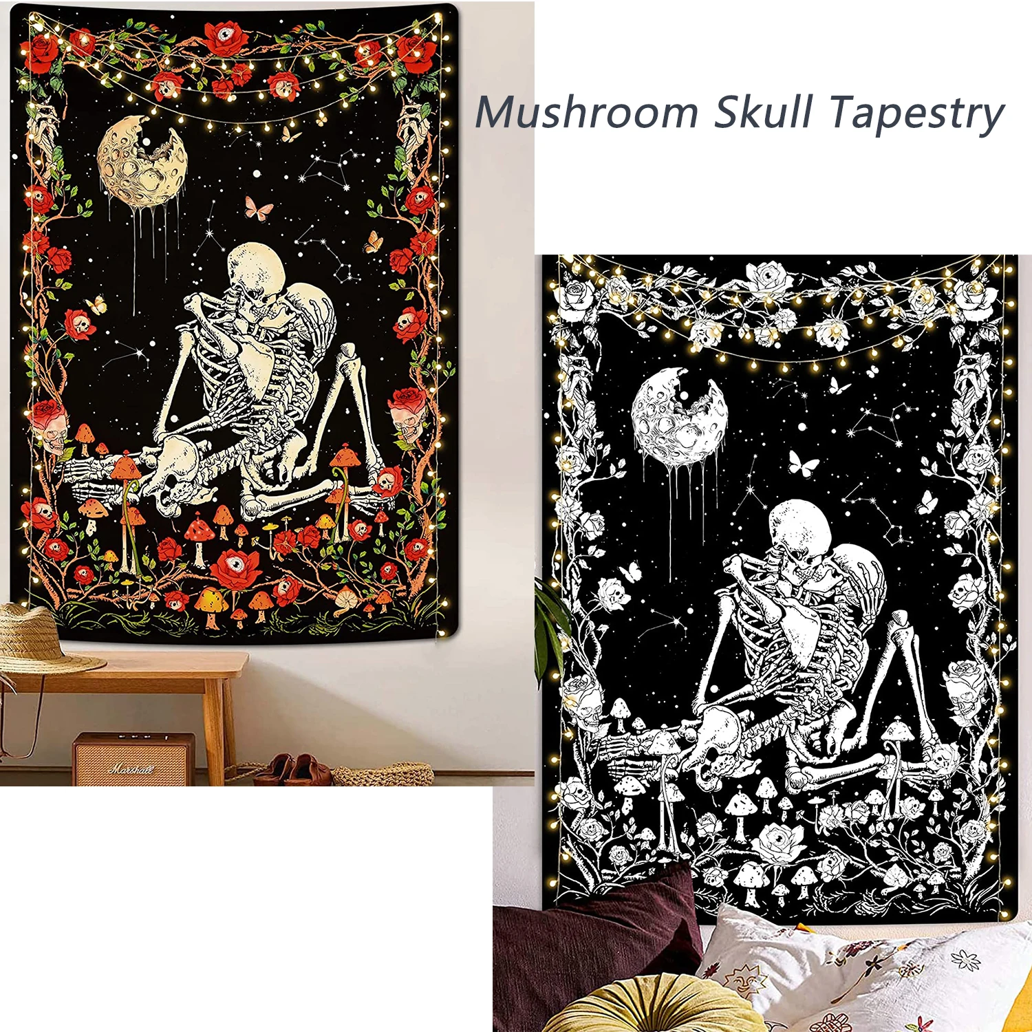 

Skull Mushroom Tapestry Romantic Skeleton Gothic Tapestries Galaxy Moon Bohemian Decor Flowers and Butterfly Wall Hanging Cloth