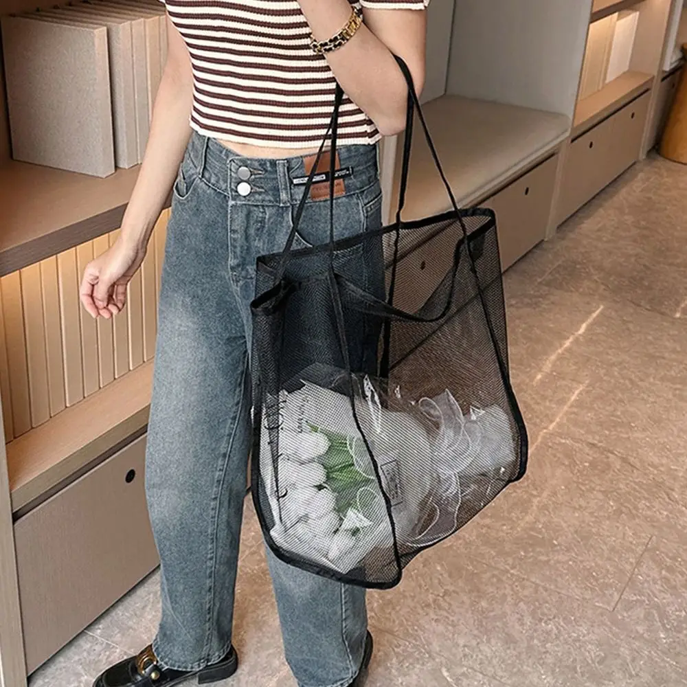 Fashion Large Capacity Beach Bag Solid Color New Style Transparent Mesh Bag Sports Shoulder Pouch Tote Handbag Girls