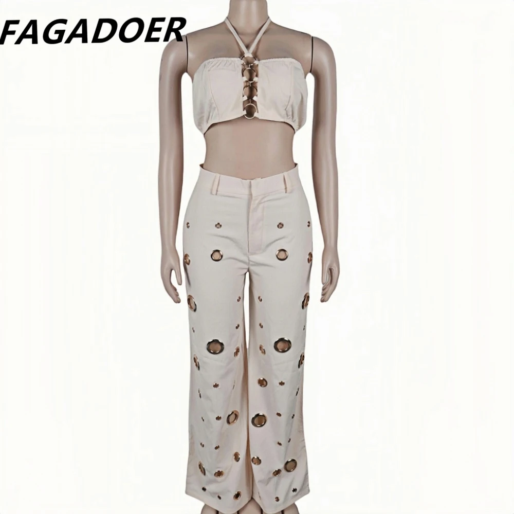 FAGADOER Sexy Solide Loch Breite Bein Hosen Streetwear Frauen Halfter Ärmellose Backless Crop Top Und Hosen Zwei Stück Sets Outfits