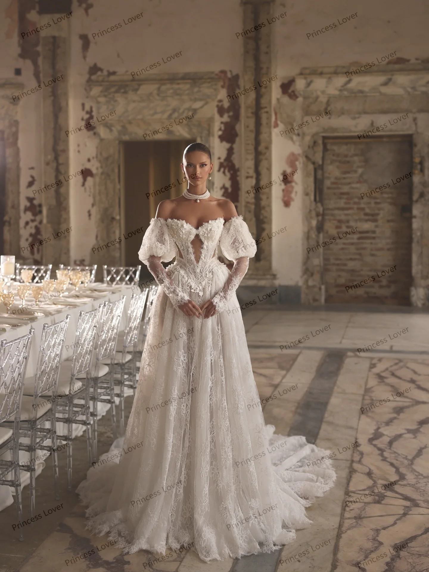 Elegant Lace Bodice Wedding Dresses Removable Long Sleeves Corset Back Sweep Train Bridal Gown Boho robe de mariée Customized