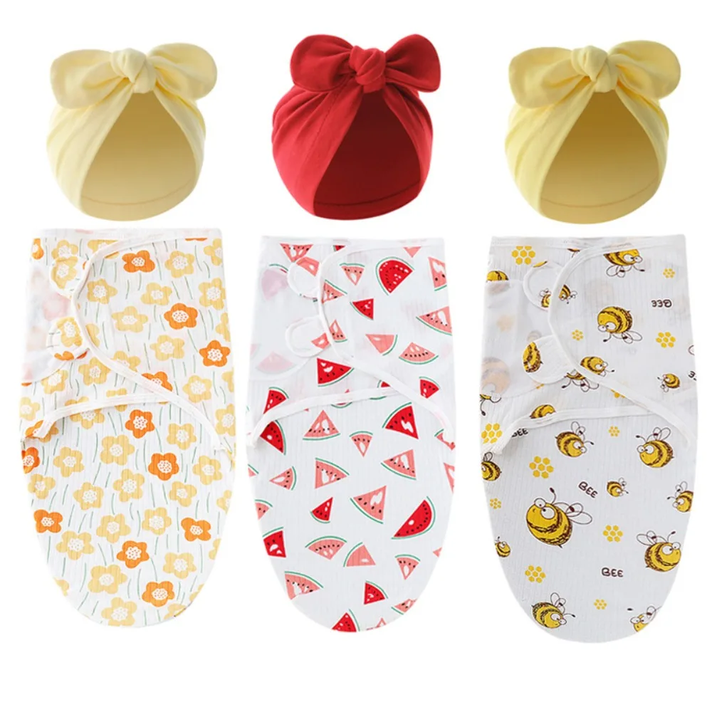 New Cartoon Printed Baby Blanket Hat Set Soft Anti-kick Baby Swaddle Wrap 0-12 Months Cotton Baby hat Set Birth Outfit