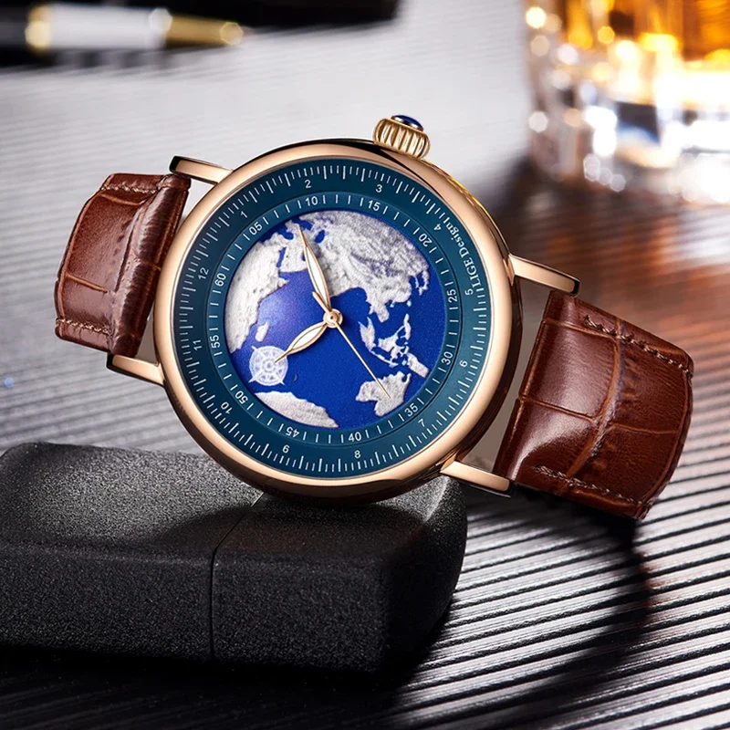 LIGE Fashion Mens Watches Blue Planet Creative Earth Quartz Wristwatch Leather Sport Waterproof Watch For Men Relogio Masculino