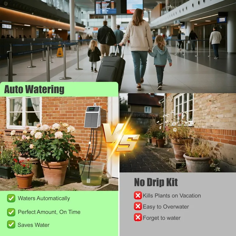 

ABJN-Solar Automatic Drip Irrigation Kit Outdoor Garden Smart Watering System Timer Modes For Vacations& Busy Plants Lovers