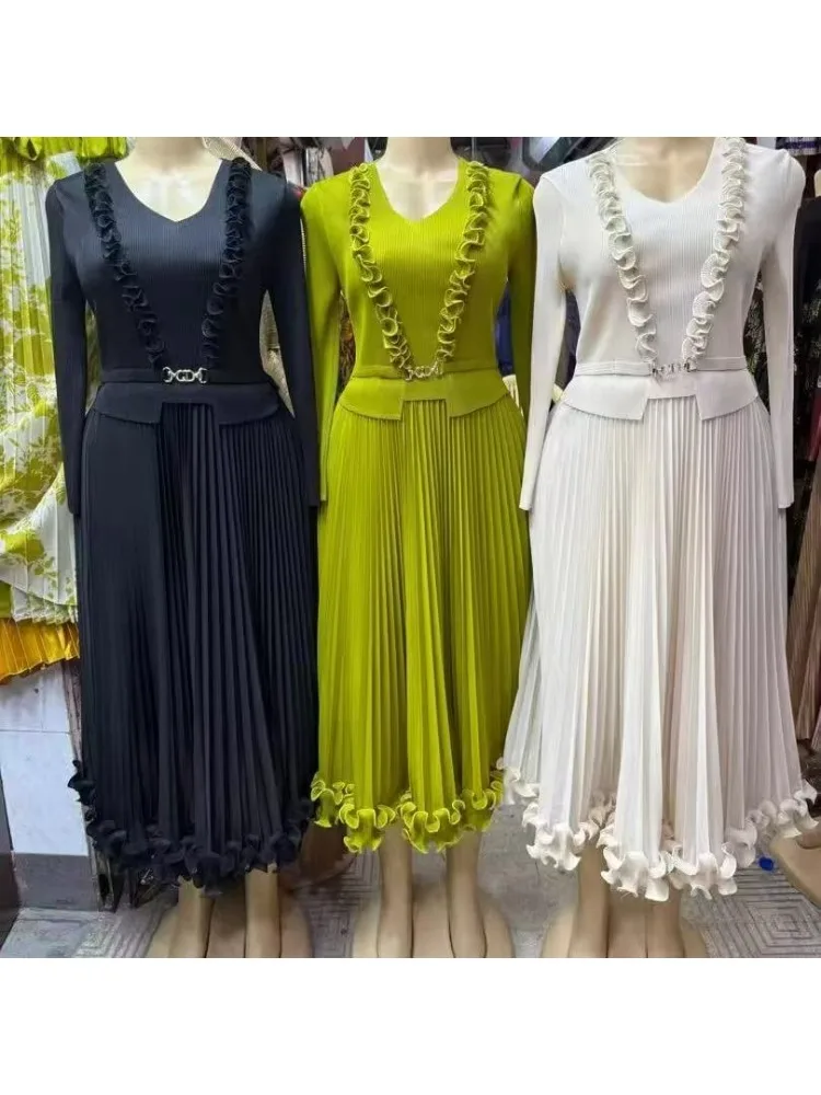 

Miyake 2025 Wholesale New Dress Solid Color Dense Edge Collar Dress Temperament Loose Women's Medium and Long Dresses Summer New