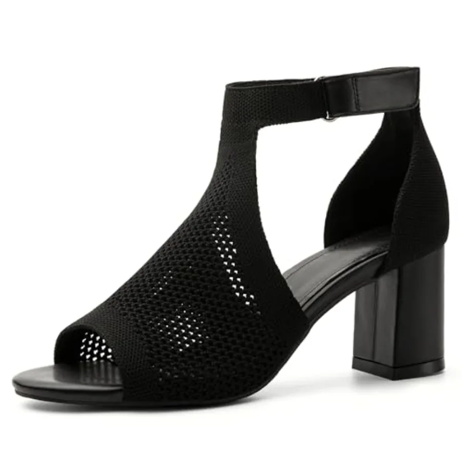 

Women's Knit Ankle Strap Block Heel Sandals Open Toe Chunky Heels for Women Dressy Comfortable Summer Dress Shoes for Party Wed