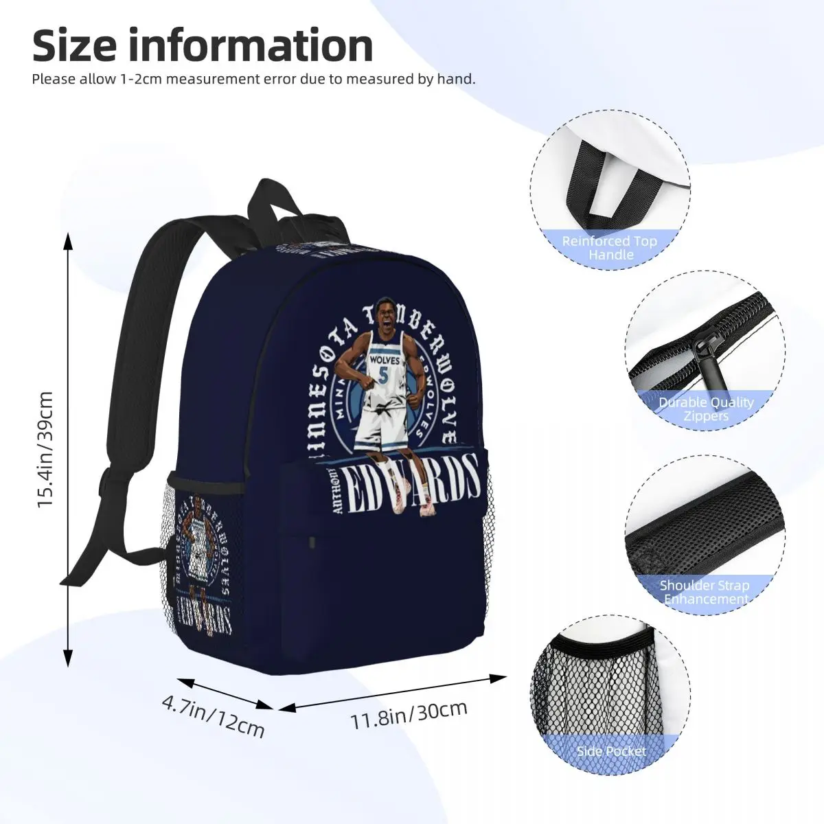 Anthony Edwards Minnesota Timberwolves Shield Backpack Student BookBag Children School Bag Computer Shoulder Bags for Men Women