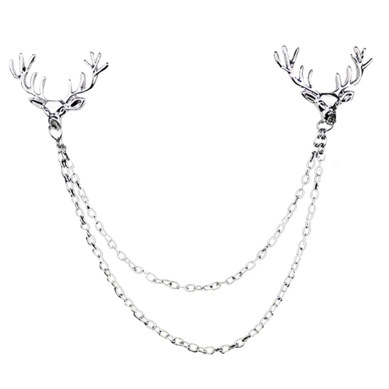 F42F Deer Brooch Pin for Men Women Suit Vintage Shirt Collar Chain Brooches Elk Antler Lapel Pin Decoration
