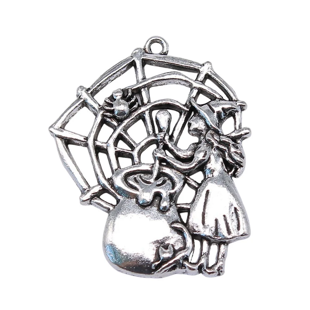 2pcs/lot 40x33mm Poisonous Spider Cobweb Sorcery Witch Charms For Jewelry Making Antique Silver Color 1.57x1.3inch