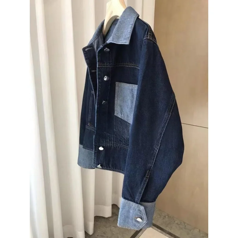 Women's Two-Tone Denim Jacket, Color Block Patchwork Jean Jacket, Casual Loose Fit Trucker Style Outerwear
