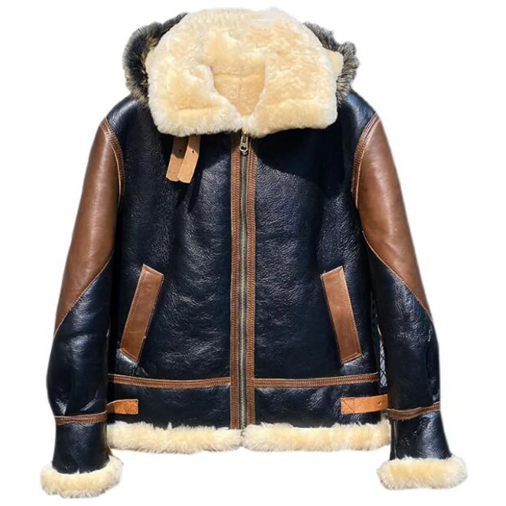 

Denny&Dora Mens Sheepskin Shearling Jacket Genuine Shearling Bomber Jacket Black Shearling Jacket