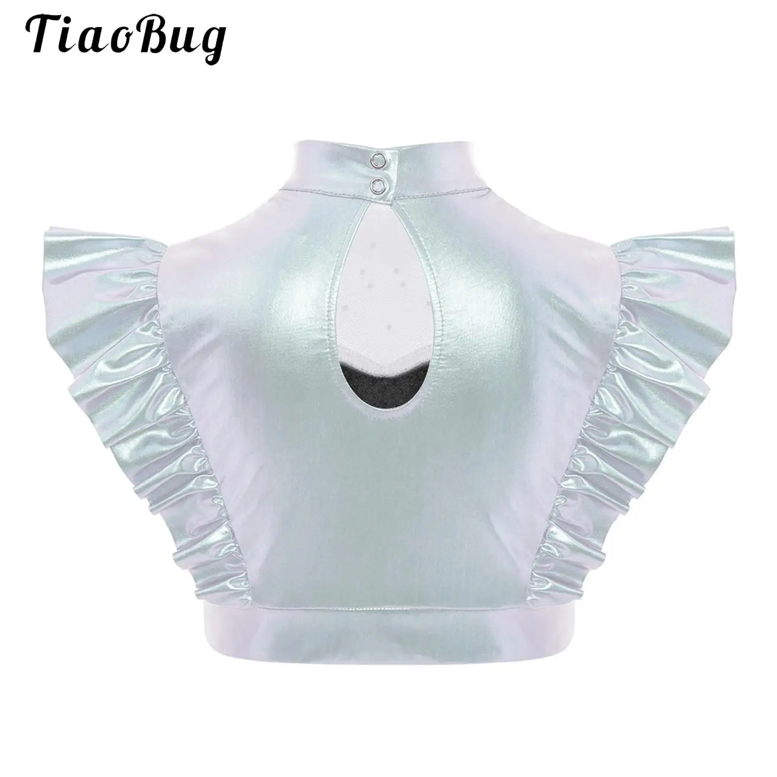 

Kids Girls Metallic Shiny Dance Crop Tank Top Mock Neck Mesh Patchwork Ruffle Sleeveless Cropped Shirts Performance Costume